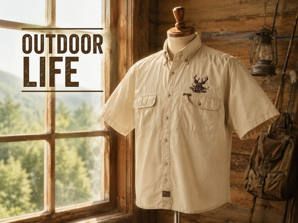 Outdoor Life Men's Casual Button Down Shirt Large Yellow Deer Embroidered